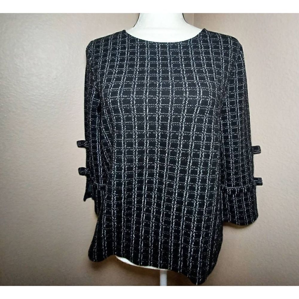 Karl Lagerfield Paris Windowpane Bow 3/4 Sleeve Blouse Top Black White Size S